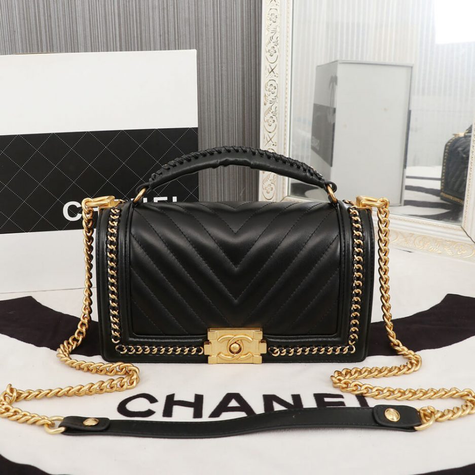 Ch*el top handle chevron boy handbag